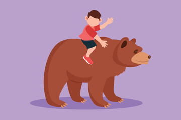 Character flat drawing happy little boy riding brown grizzly bear at zoo. Child sitting on back big bear at circus event. Adorable kid learning to ride beast animal. Cartoon design vector illustration