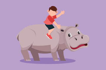 Character flat drawing happy little boy riding hippo at amusement park. Adorable child sitting on back hippopotamus in zoo. Brave kids learning to ride hippopotamus. Cartoon design vector illustration