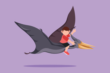 Character flat drawing little boy riding flying dinosaur. Pterodactyl ride with young kid sitting on back of dinosaur and flying high in sky. Bravery child concept. Cartoon design vector illustration