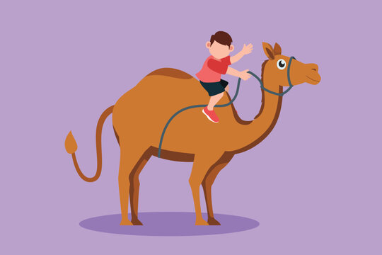 Cartoon flat style drawing happy little boy riding camel in Arabian desert. Child sitting on hump camel with saddle in desert. Adorable kids learning to ride camel. Graphic design vector illustration