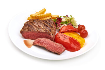 Grilled beef steak, isolated on white background.