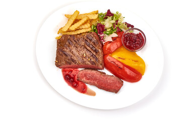 Grilled beef steak, medium rare steak, isolated on white background.
