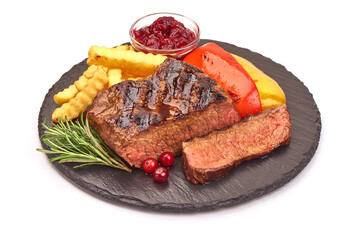Grilled beef steak, medium rare steak, isolated on white background.