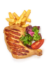 Grilled chicken legs with potato fry, isolated on white background.