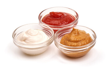 Tomato, Romesco and mayonnaise sauce, isolated on white background.