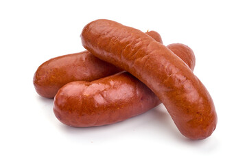 Smoked german sausages, isolated on white background.