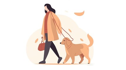  a woman walking a dog with a handbag on a leash.  generative ai
