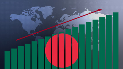 Bangladesh flag on bar chart concept with increasing values, economic recovery and business improving after crisis and other catastrophe as economy and businesses reopen again
