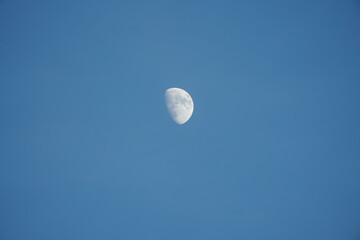 The blue sky view with the curve white moon in the sky in the day