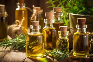 Obraz na płótnie Canvas Herb oil bottles of homeopathy herbs. Generative AI.