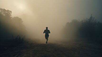  a man running in the foggy woods on a trail.  generative ai