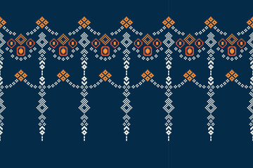Fototapeta na wymiar Ethnic geometric fabric pattern Cross Stitch.Ikat embroidery Ethnic oriental Pixel pattern navy blue background. Abstract,vector,illustration. Texture,clothing,scarf,decoration,carpet,silk wallpaper.