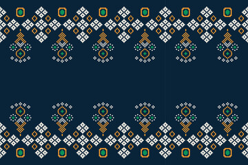Ethnic geometric fabric pattern Cross Stitch.Ikat embroidery Ethnic oriental Pixel pattern navy blue background. Abstract,vector,illustration. Texture,clothing,scarf,decoration,carpet,silk wallpaper.