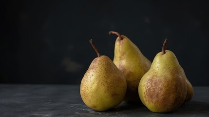  three pears on a table with a black background in the background.  generative ai