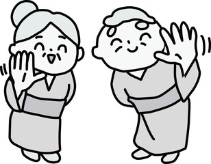 笑顔で手を振っている着物のおじいさんとおばあさんのモノクロイラストセット
