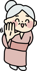 笑顔で手を振っている着物のおばあさんのイラスト