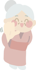 笑顔で手を振っている着物のおばあさんのイラスト