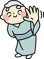 笑顔で手を振っている着物のおじいさんのイラスト