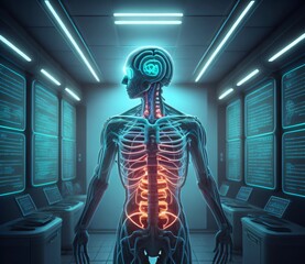 human body, skeleton, on neon light chamber, created with Generative AI technology