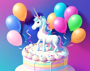 Birthday cake with figurine of unicorn,created with Generative AI technology,