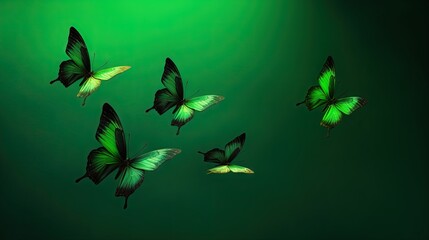 Obraz na płótnie Canvas a group of green butterflies flying in the air on a green background. generative ai