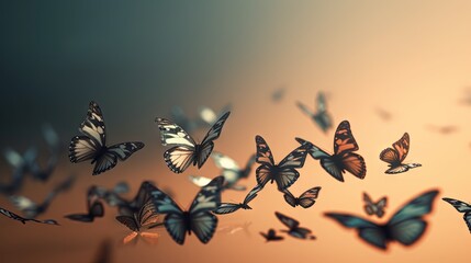  a group of butterflies flying in the air with a blurry background.  generative ai