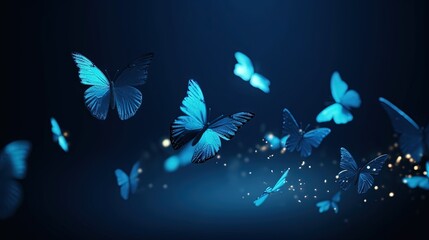  a group of blue butterflies flying in the air with lights on them.  generative ai