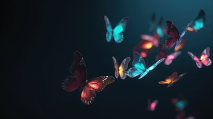Obraz na płótnie Canvas a group of colorful butterflies flying in the air with a black background. generative ai