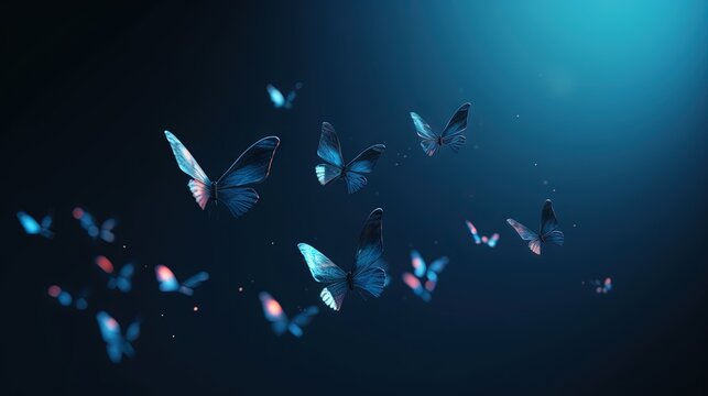  a group of blue butterflies flying in the air with a blue background.  generative ai
