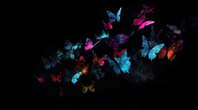  a group of colorful butterflies flying in the dark sky with a black background.  generative ai