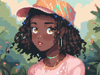 A pixel art of a woman with the word black on her face.