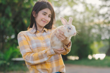 Backlit of cute bround white and pink ear rabbit in woman hand with blur woman and green forest bavkground.