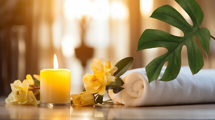 Obraz na płótnie Canvas resort spa tropical flowers candle blurred light white towel cozy relaxing meditation massage salon background ,generated ai