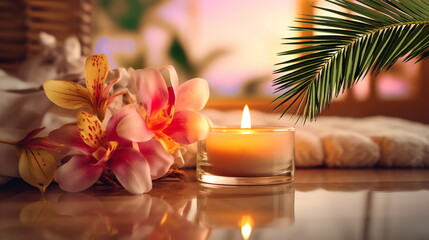 Obraz na płótnie Canvas resort spa tropical flowers candle blurred light white towel cozy relaxing meditation massage salon background ,generated ai