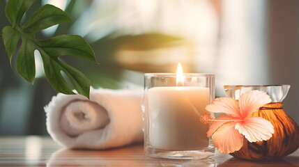 Obraz na płótnie Canvas luxuri spa resort ,tropical flowers candle blurred light white towel cozy relaxing meditation massage salon background generated ai