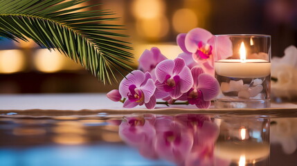 Obraz na płótnie Canvas romantic spa resort ,tropical flowers candle blurred light white towel cozy relaxing meditation massage salon background generated ai