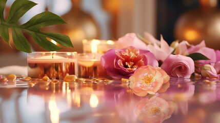 Obraz na płótnie Canvas luxuri spa resort ,tropical flowers candle blurred light white towel cozy relaxing meditation massage salon background generated ai