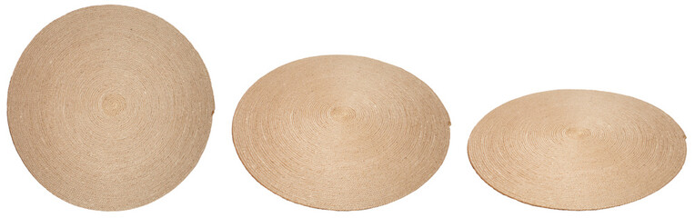Circle rug made with jute rope in 3 different angles isolated on white