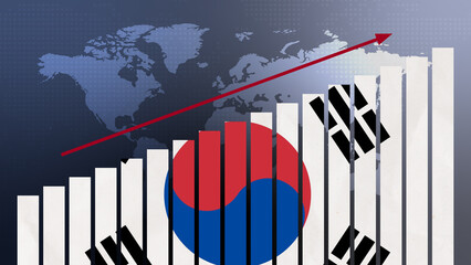 South Korea flag on bar chart concept with increasing values, economic recovery and business improving after crisis and other catastrophe as economy and businesses reopen again