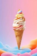 A levitating ice cream represents a minimal summer dessert concept. (Generative AI)