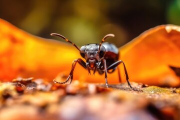 A black ant on the ground in nature, up close. (Generative AI)