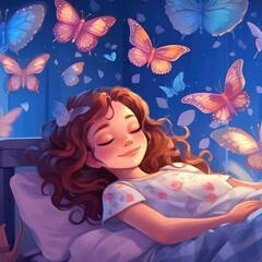 A cute girl sleeps and dreams of butterflies. (Generative AI)