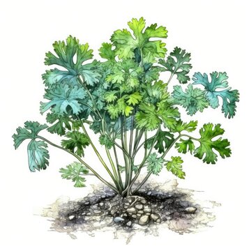 watercolor cilantro plant on white background clip art preview