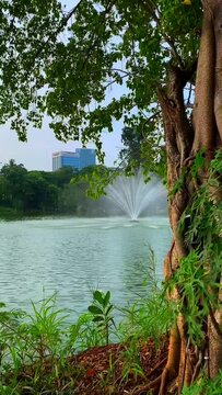 Footage of a fountain in the artificial lake at Senayan Park Mall, Jakarta