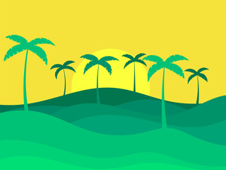 Fototapeta na wymiar Tropical landscape with palm trees with sun. Silhouettes of palm trees on the hills. Summer time. Design of advertising booklets, banners, posters and travel agencies. Vector illustration