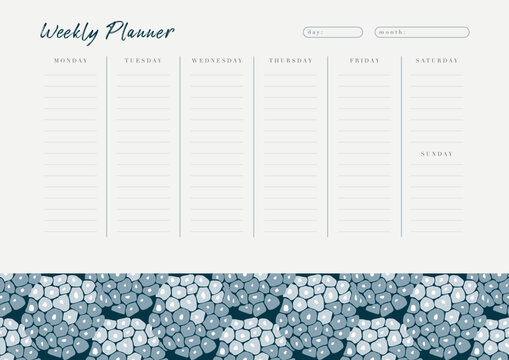 Vector weekly planner template with blue flowers. Organizer and schedule with place for notes. Trendy minimalistic style. Abstract modern design.