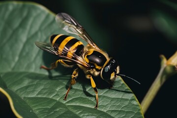 illustration, striped bee on leaves, generative ai.