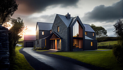 Obraz premium Modern Wooden - Stones Barn Farm house. NEo Classic England. Generative AI