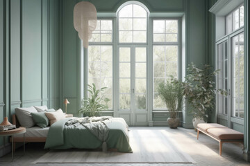 Pastel green bedroom and minimalist interior design. with large French windows. Generative AI