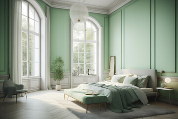 Fototapeta na wymiar Pastel green bedroom and minimalist interior design. with large French windows. Generative AI